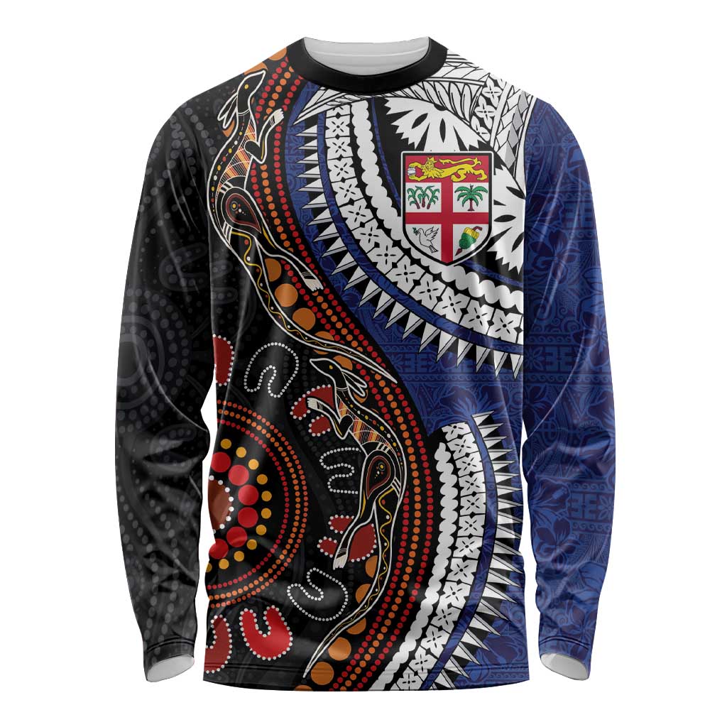 Fiji and Australia Together Long Sleeve Shirt Kangaroo Aboriginal with Tribal Tapa Hibiscus Half Style - Polynesian Pride