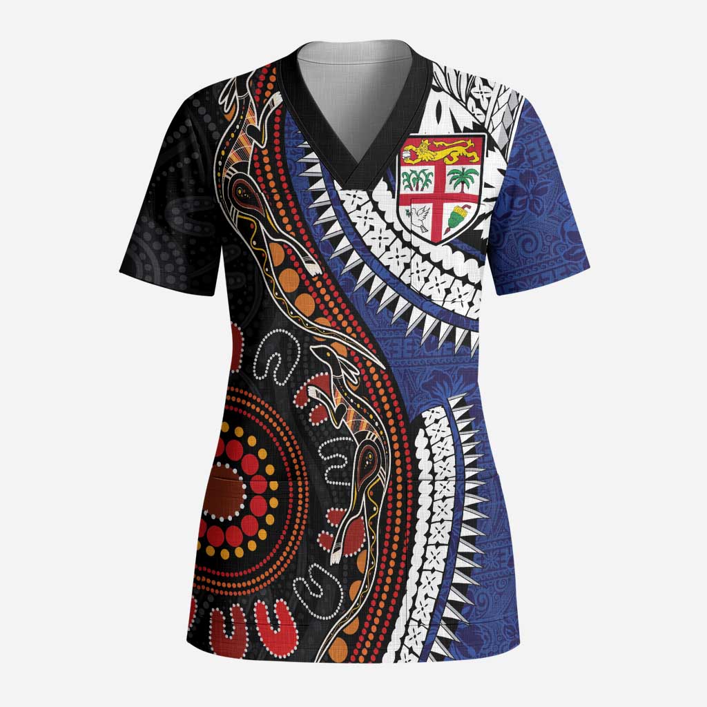 Fiji and Australia Together Scrub Top Kangaroo Aboriginal with Tribal Tapa Hibiscus Half Style LT03 Adult Black - Polynesian Pride