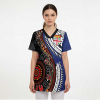 Fiji and Australia Together Scrub Top Kangaroo Aboriginal with Tribal Tapa Hibiscus Half Style LT03 - Polynesian Pride