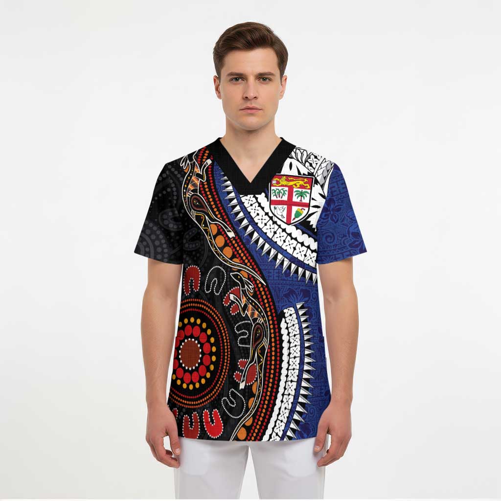 Fiji and Australia Together Scrub Top Kangaroo Aboriginal with Tribal Tapa Hibiscus Half Style LT03 - Polynesian Pride