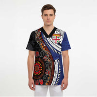 Fiji and Australia Together Scrub Top Kangaroo Aboriginal with Tribal Tapa Hibiscus Half Style LT03 - Polynesian Pride