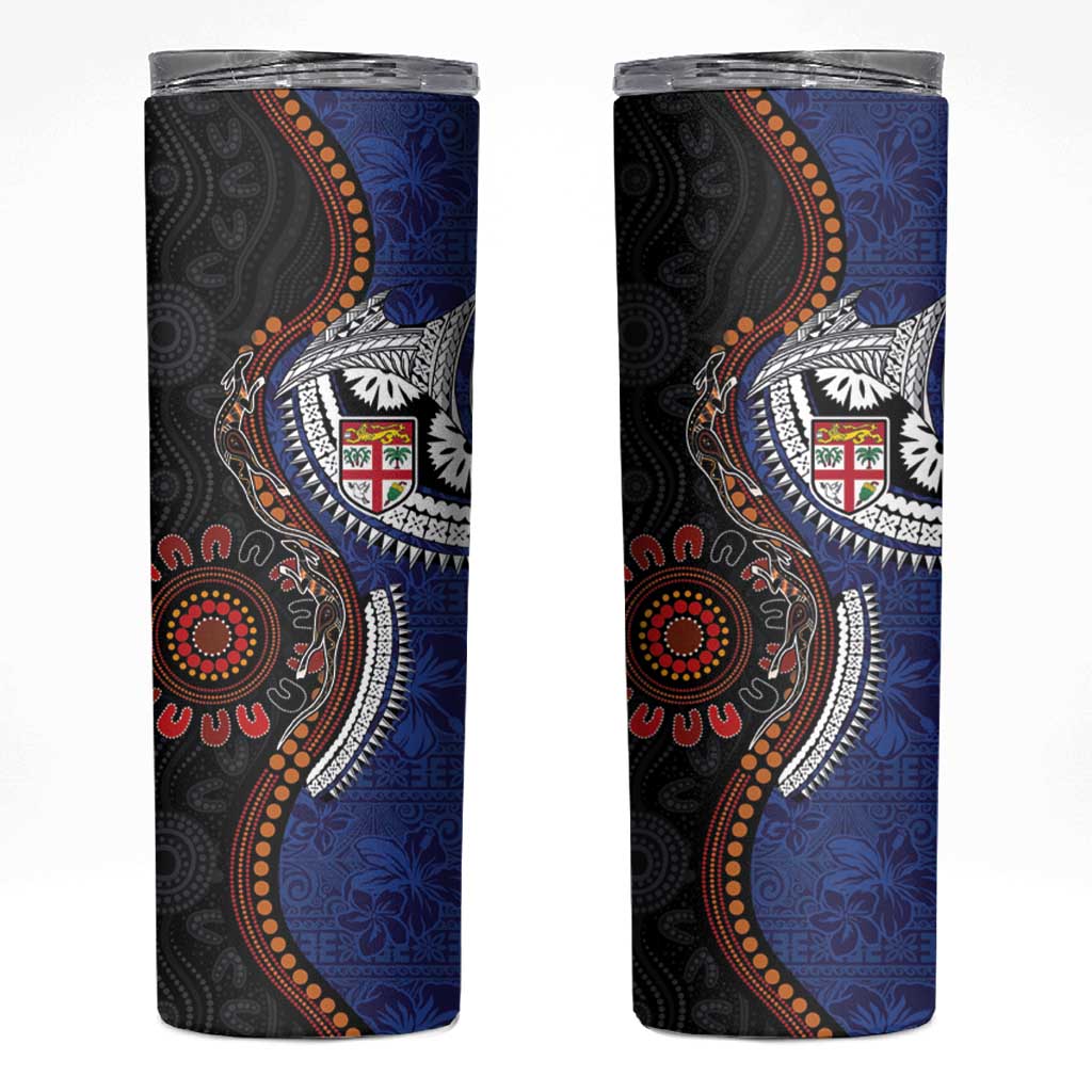 Fiji and Australia Together Skinny Tumbler Kangaroo Aboriginal with Tribal Tapa Hibiscus Half Style - Polynesian Pride