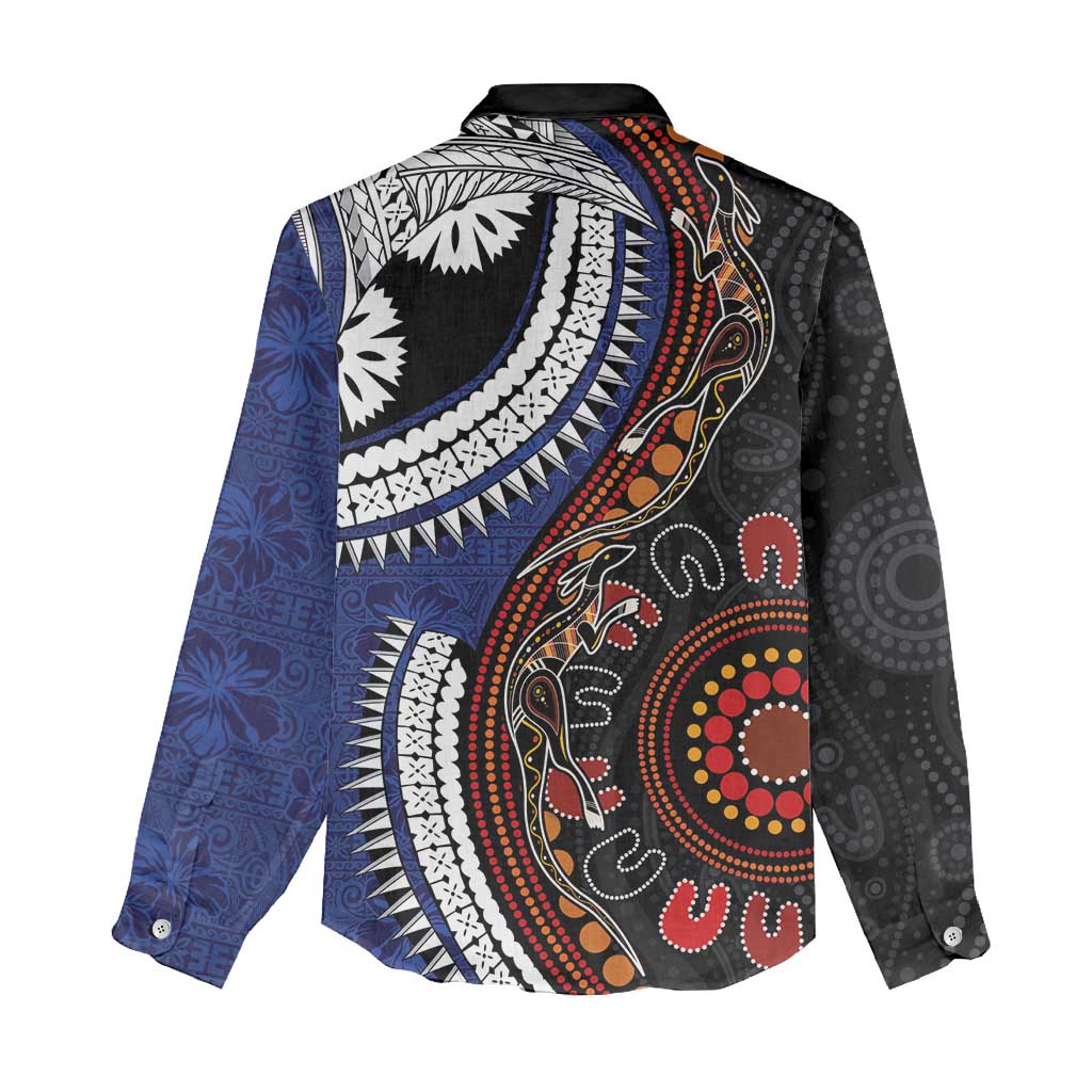 Fiji and Australia Together Women Casual Shirt Kangaroo Aboriginal with Tribal Tapa Hibiscus Half Style - Polynesian Pride