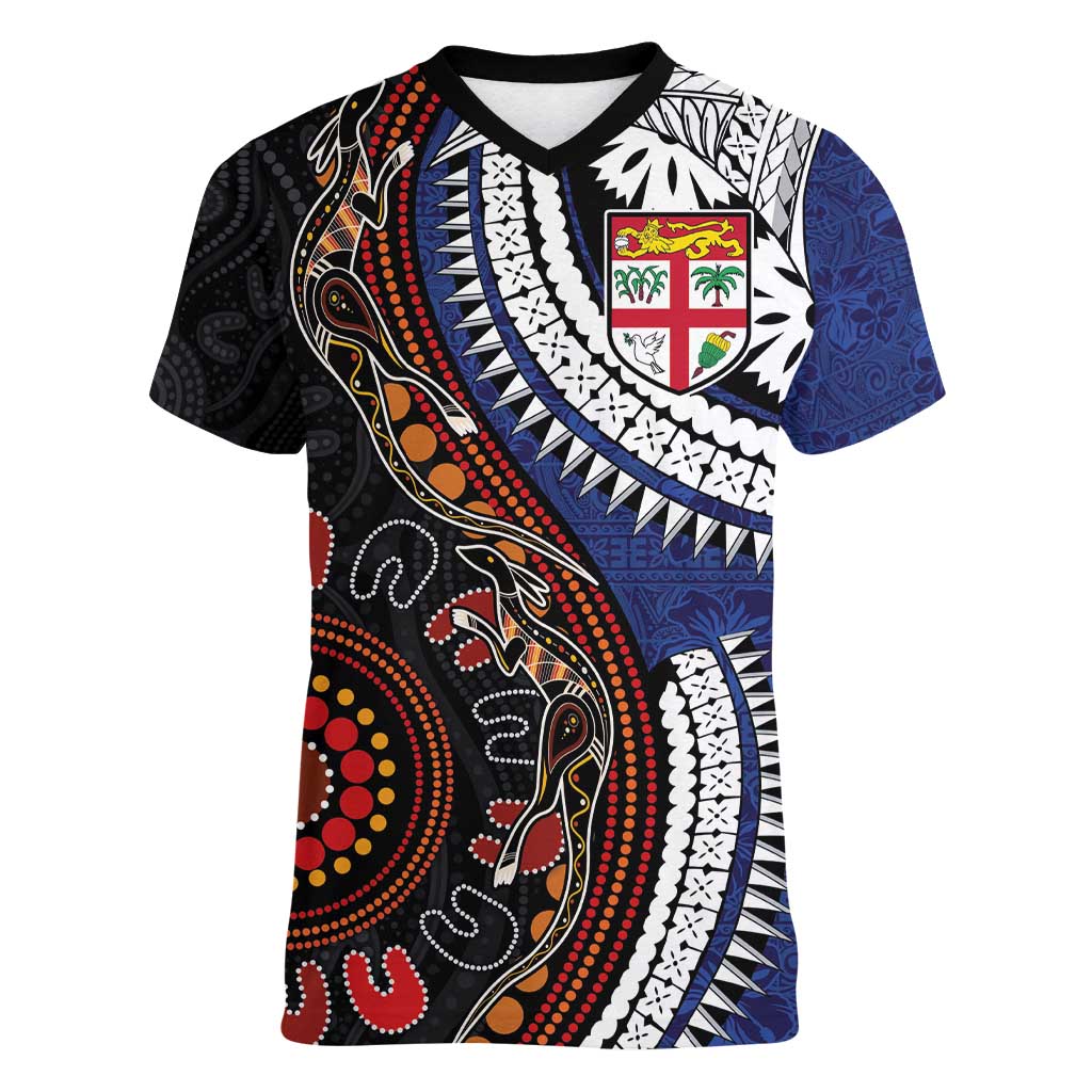 Fiji and Australia Together Women V-Neck T-Shirt Kangaroo Aboriginal with Tribal Tapa Hibiscus Half Style - Polynesian Pride