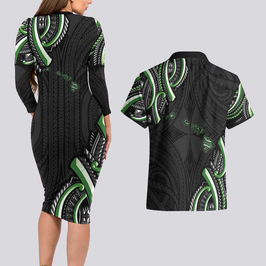 Traditional Art Hawaiian Kakau Tattoos Couples Matching Long Sleeve Bodycon Dress and Hawaiian Shirt Green Color LT03 - Polynesian Pride
