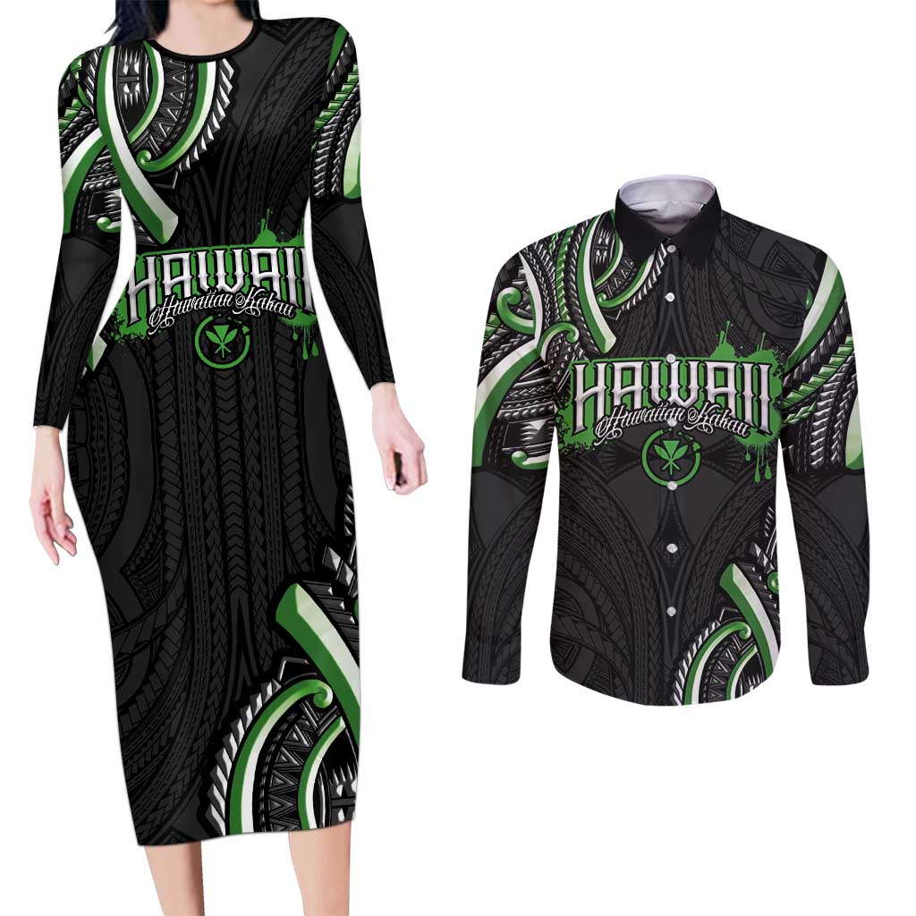 Traditional Art Hawaiian Kakau Tattoos Couples Matching Long Sleeve Bodycon Dress and Long Sleeve Button Shirt Green Color LT03 Green - Polynesian Pride