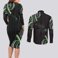 Traditional Art Hawaiian Kakau Tattoos Couples Matching Long Sleeve Bodycon Dress and Long Sleeve Button Shirt Green Color LT03 - Polynesian Pride