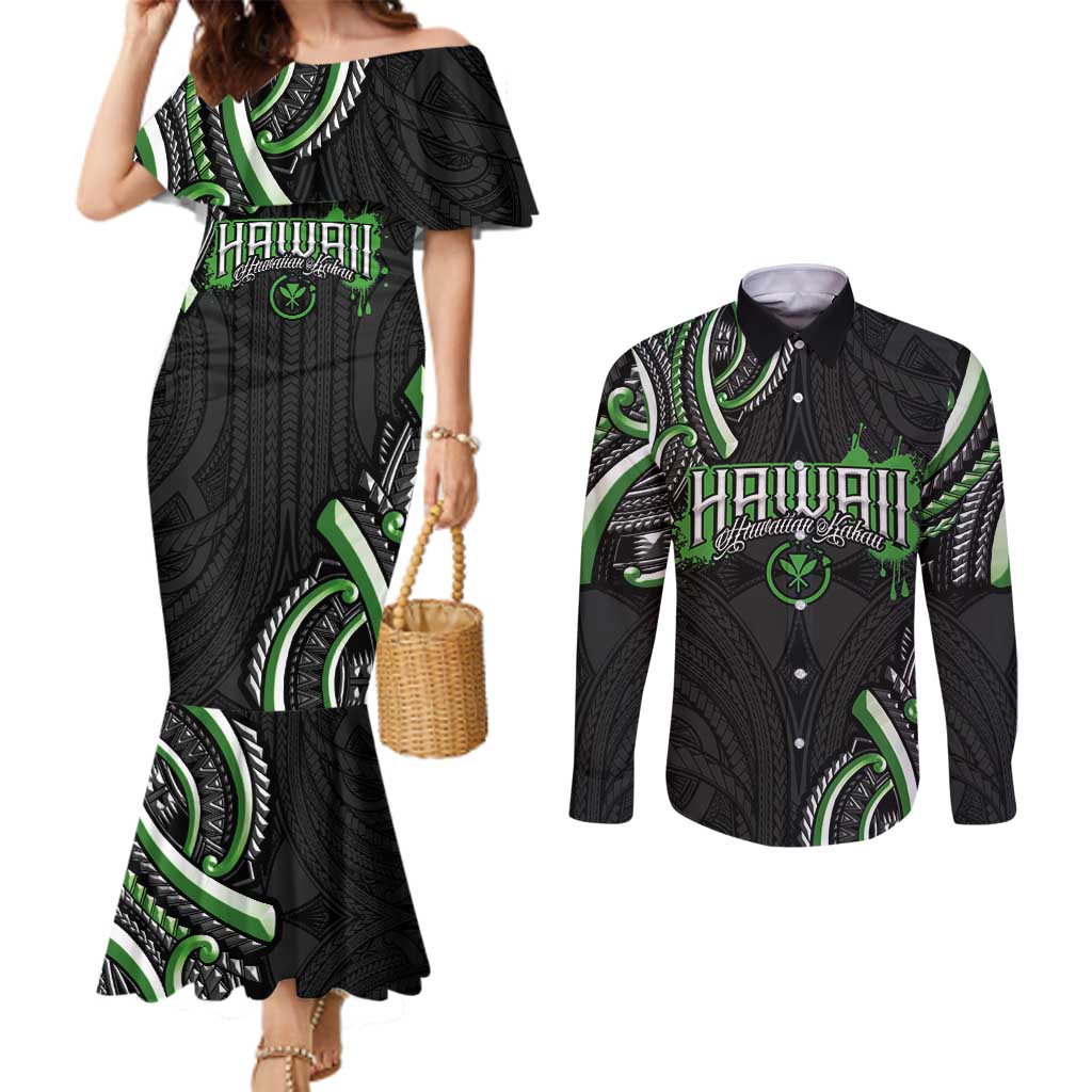 Traditional Art Hawaiian Kakau Tattoos Couples Matching Mermaid Dress and Long Sleeve Button Shirt Green Color LT03 Green - Polynesian Pride
