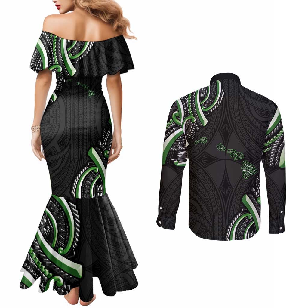 Traditional Art Hawaiian Kakau Tattoos Couples Matching Mermaid Dress and Long Sleeve Button Shirt Green Color LT03 - Polynesian Pride