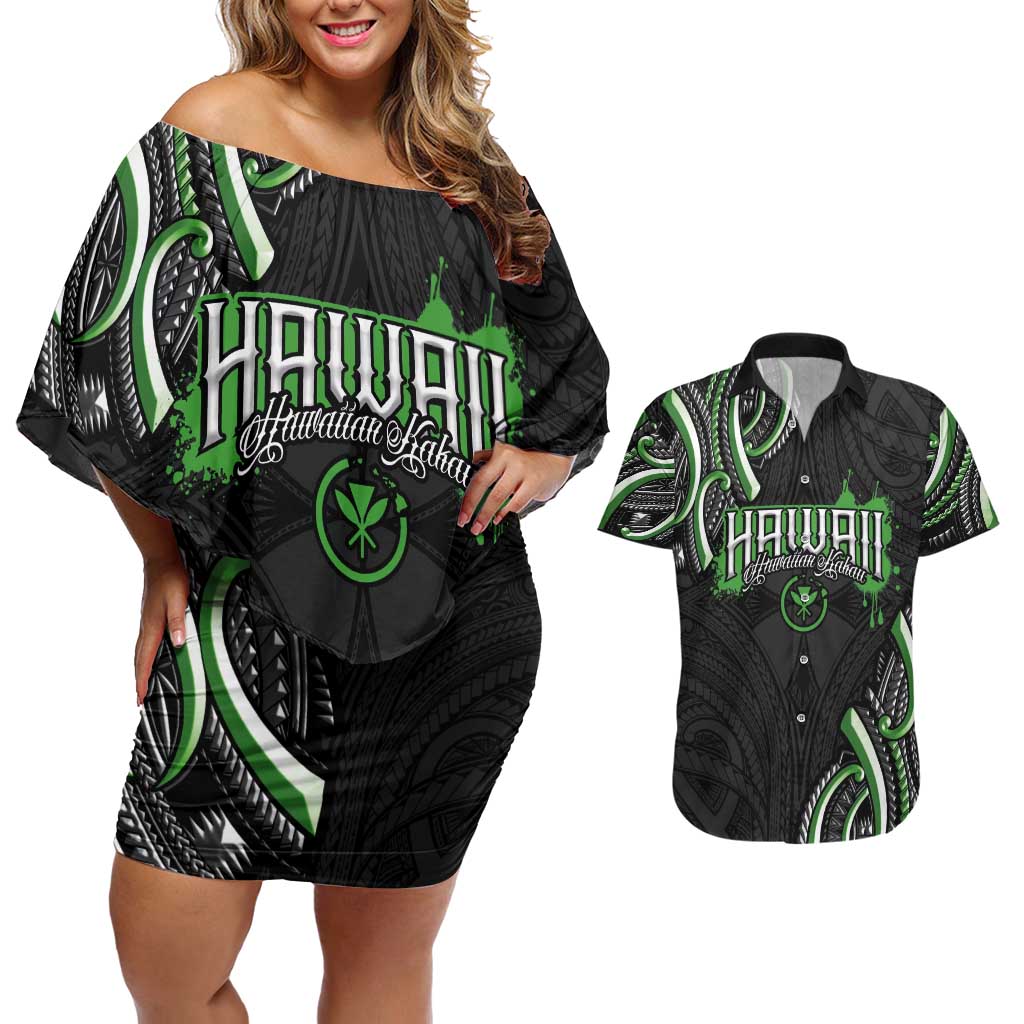 Traditional Art Hawaiian Kakau Tattoos Couples Matching Off Shoulder Short Dress and Hawaiian Shirt Green Color LT03 Green - Polynesian Pride