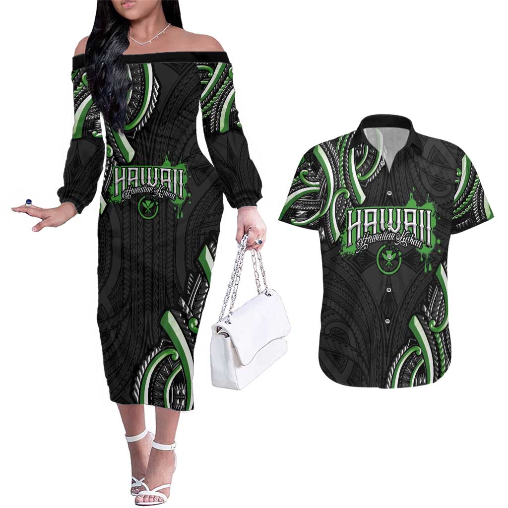 Traditional Art Hawaiian Kakau Tattoos Couples Matching Off The Shoulder Long Sleeve Dress and Hawaiian Shirt Green Color LT03 Green - Polynesian Pride