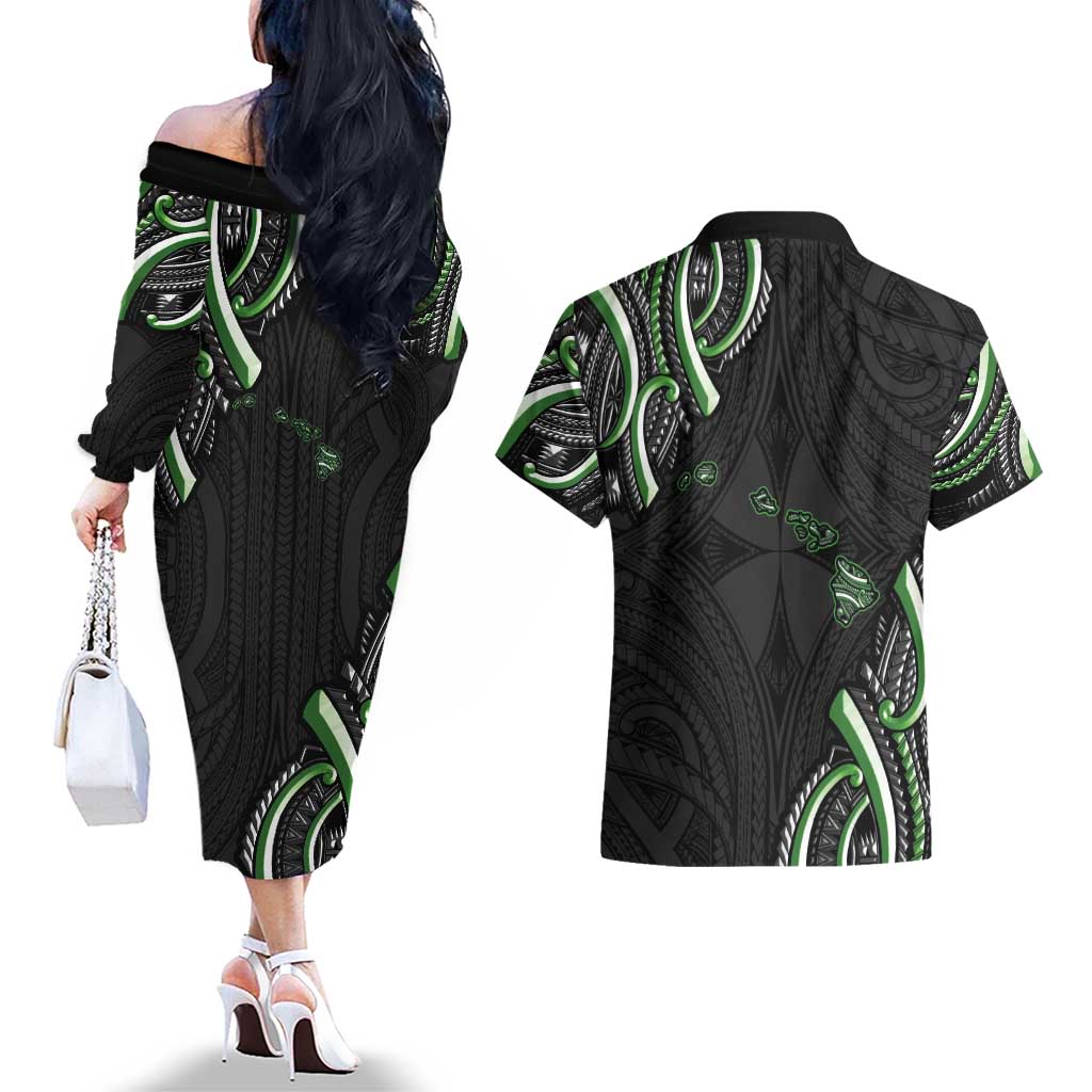 Traditional Art Hawaiian Kakau Tattoos Couples Matching Off The Shoulder Long Sleeve Dress and Hawaiian Shirt Green Color LT03 - Polynesian Pride