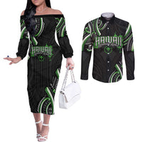 Traditional Art Hawaiian Kakau Tattoos Couples Matching Off The Shoulder Long Sleeve Dress and Long Sleeve Button Shirt Green Color LT03 Green - Polynesian Pride
