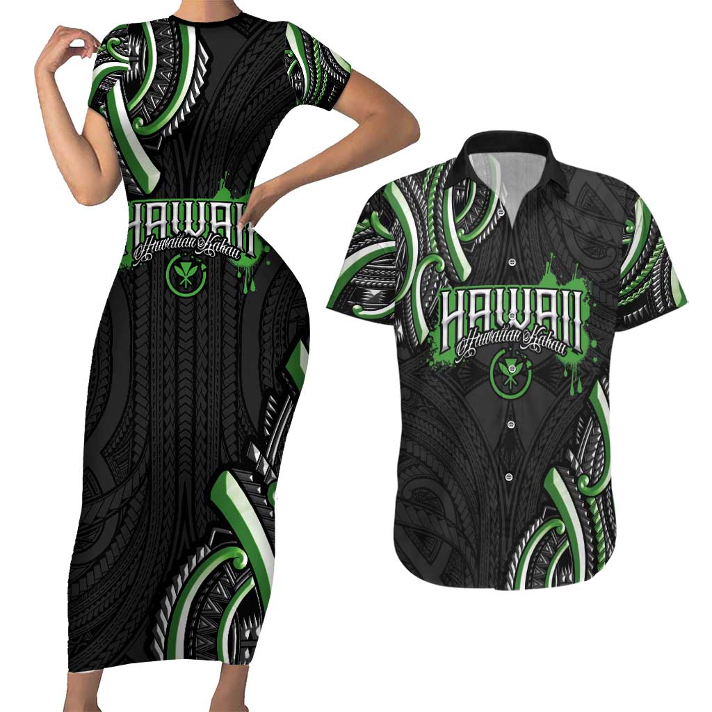 Traditional Art Hawaiian Kakau Tattoos Couples Matching Short Sleeve Bodycon Dress and Hawaiian Shirt Green Color LT03 Green - Polynesian Pride