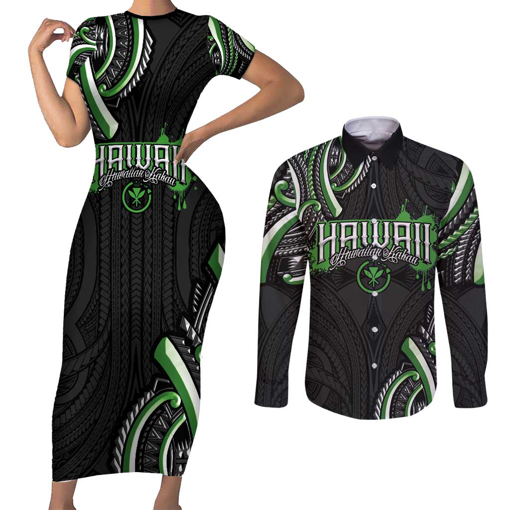 Traditional Art Hawaiian Kakau Tattoos Couples Matching Short Sleeve Bodycon Dress and Long Sleeve Button Shirt Green Color LT03 Green - Polynesian Pride