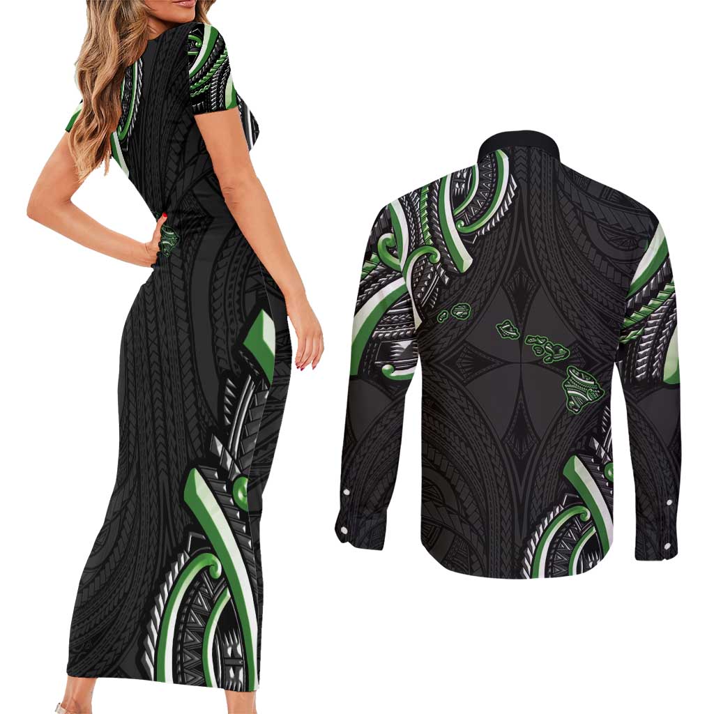 Traditional Art Hawaiian Kakau Tattoos Couples Matching Short Sleeve Bodycon Dress and Long Sleeve Button Shirt Green Color LT03 - Polynesian Pride