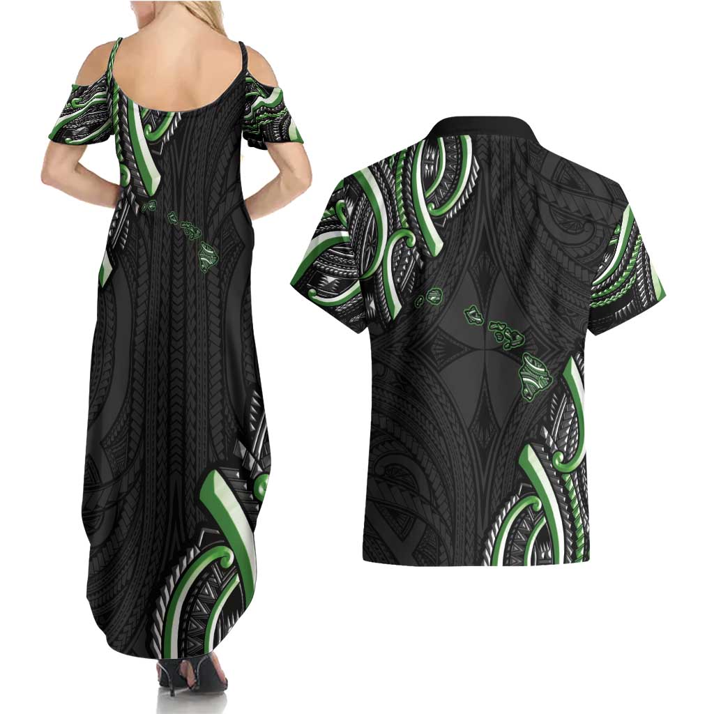 Traditional Art Hawaiian Kakau Tattoos Couples Matching Summer Maxi Dress and Hawaiian Shirt Green Color LT03 - Polynesian Pride