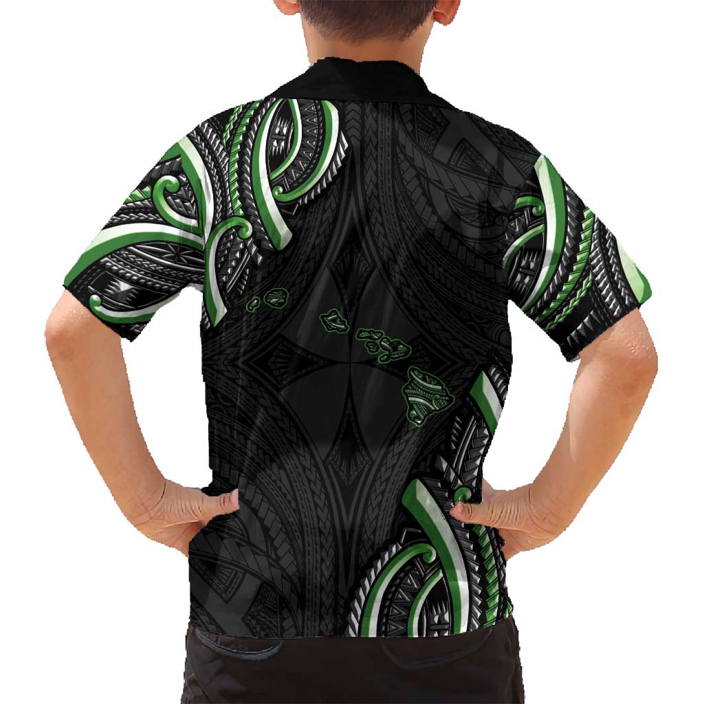 Traditional Art Hawaiian Kakau Tattoos Family Matching Long Sleeve Bodycon Dress and Hawaiian Shirt Green Color LT03 - Polynesian Pride