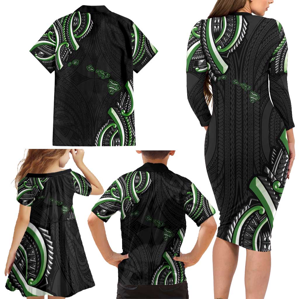 Traditional Art Hawaiian Kakau Tattoos Family Matching Long Sleeve Bodycon Dress and Hawaiian Shirt Green Color LT03 - Polynesian Pride