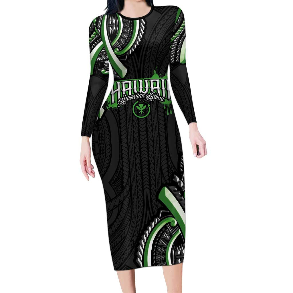 Traditional Art Hawaiian Kakau Tattoos Family Matching Long Sleeve Bodycon Dress and Hawaiian Shirt Green Color LT03 Mom's Dress Green - Polynesian Pride
