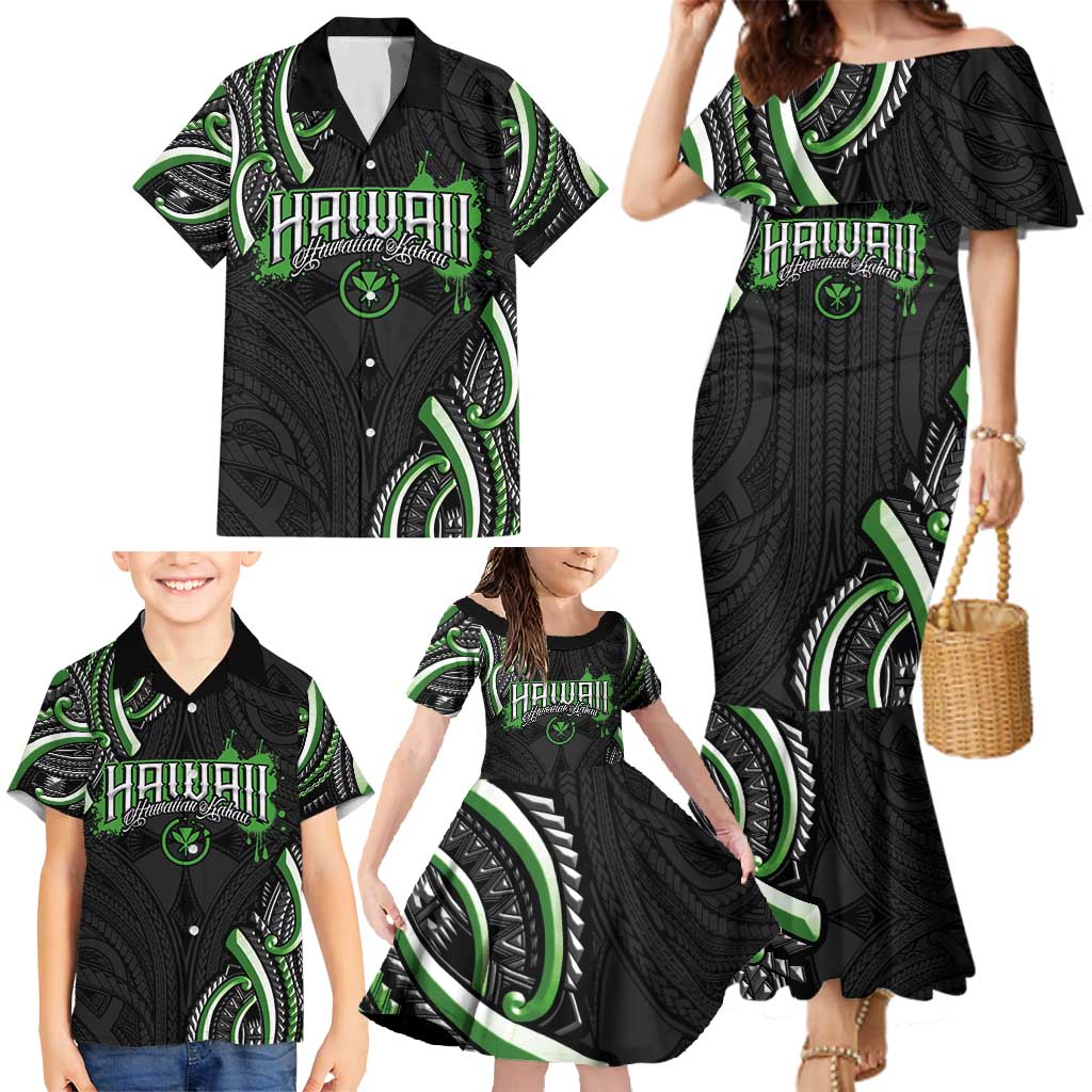 Traditional Art Hawaiian Kakau Tattoos Family Matching Mermaid Dress and Hawaiian Shirt Green Color LT03 - Polynesian Pride