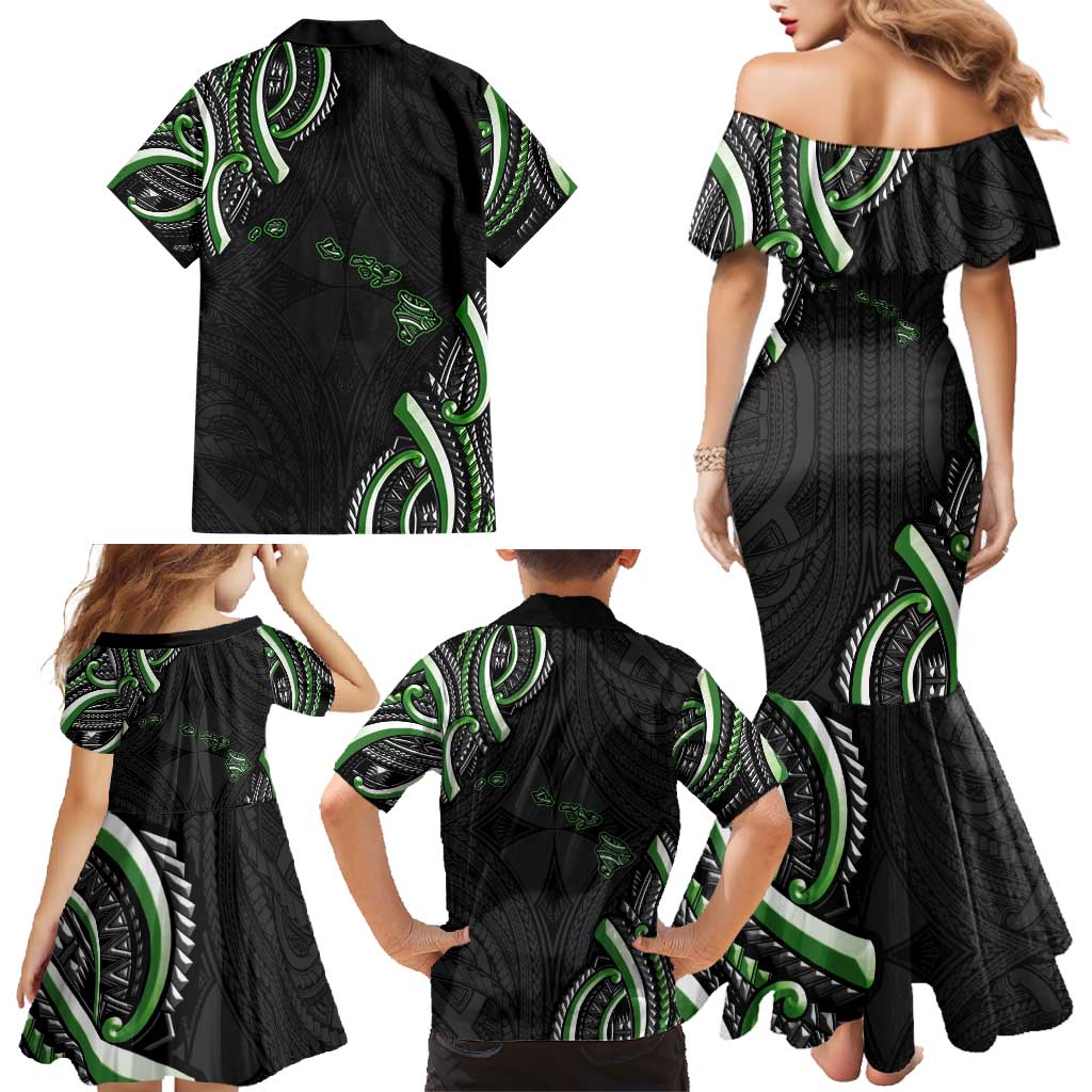 Traditional Art Hawaiian Kakau Tattoos Family Matching Mermaid Dress and Hawaiian Shirt Green Color LT03 - Polynesian Pride