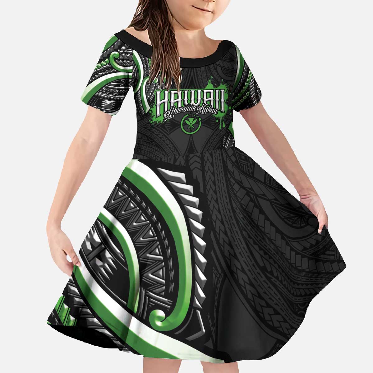 Traditional Art Hawaiian Kakau Tattoos Family Matching Off The Shoulder Long Sleeve Dress and Hawaiian Shirt Green Color LT03 Daughter's Dress Green - Polynesian Pride