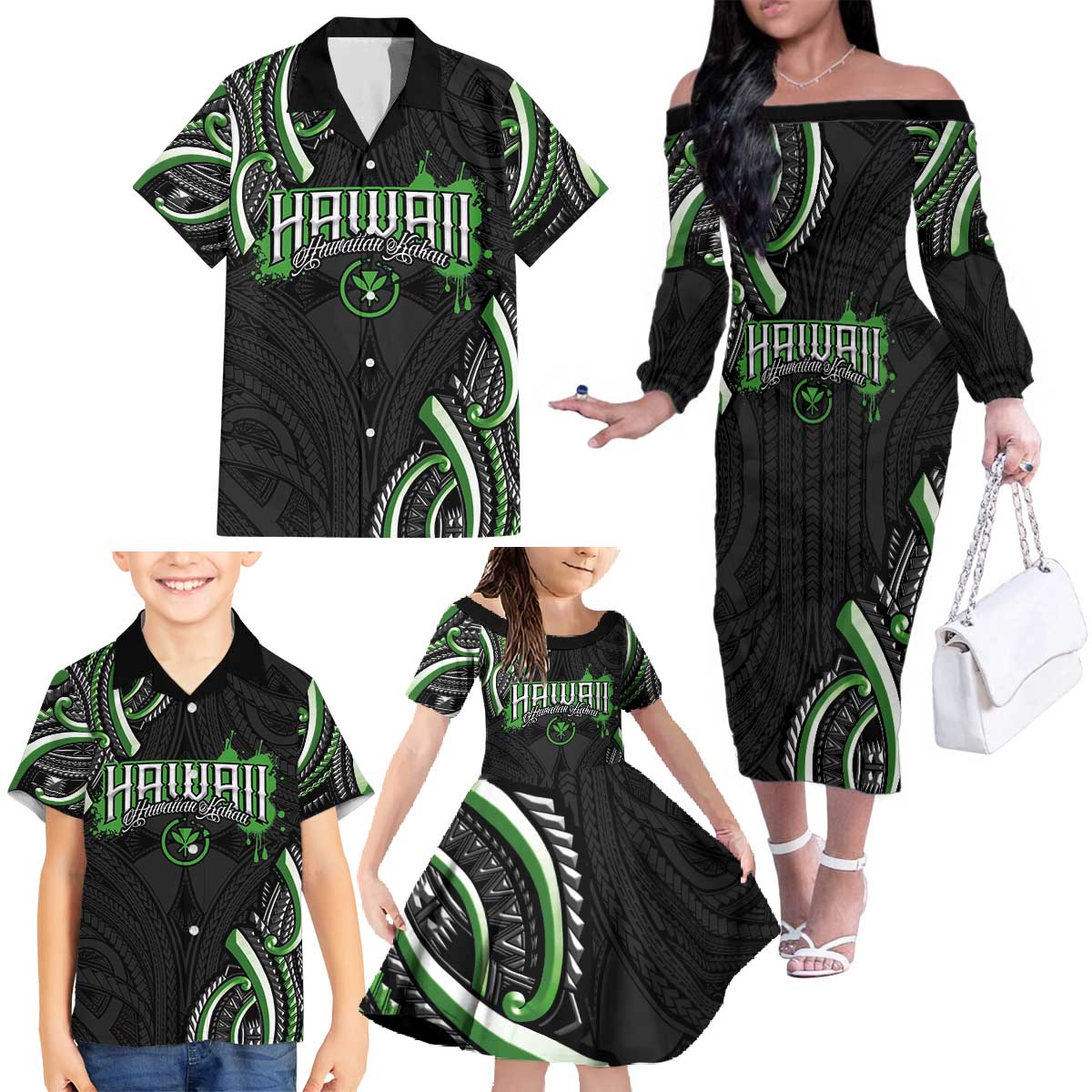 Traditional Art Hawaiian Kakau Tattoos Family Matching Off The Shoulder Long Sleeve Dress and Hawaiian Shirt Green Color LT03 - Polynesian Pride