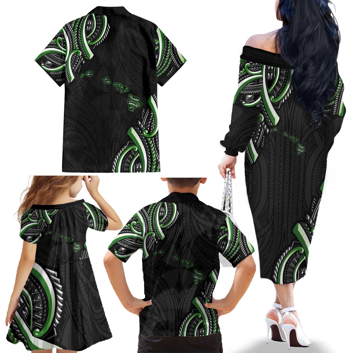 Traditional Art Hawaiian Kakau Tattoos Family Matching Off The Shoulder Long Sleeve Dress and Hawaiian Shirt Green Color LT03 - Polynesian Pride