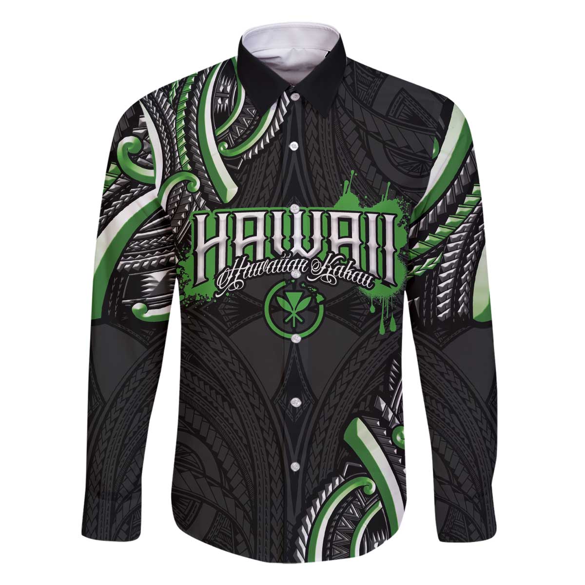 Traditional Art Hawaiian Kakau Tattoos Family Matching Off The Shoulder Long Sleeve Dress and Hawaiian Shirt Green Color LT03 Dad's Shirt - Long Sleeve Green - Polynesian Pride