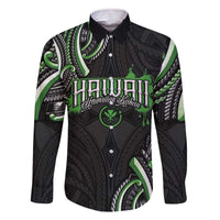 Traditional Art Hawaiian Kakau Tattoos Family Matching Off The Shoulder Long Sleeve Dress and Hawaiian Shirt Green Color LT03 Dad's Shirt - Long Sleeve Green - Polynesian Pride