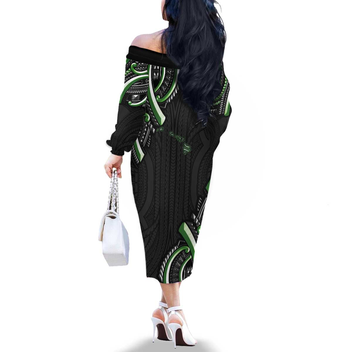 Traditional Art Hawaiian Kakau Tattoos Family Matching Off The Shoulder Long Sleeve Dress and Hawaiian Shirt Green Color LT03 - Polynesian Pride