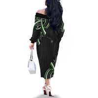 Traditional Art Hawaiian Kakau Tattoos Family Matching Off The Shoulder Long Sleeve Dress and Hawaiian Shirt Green Color LT03 - Polynesian Pride