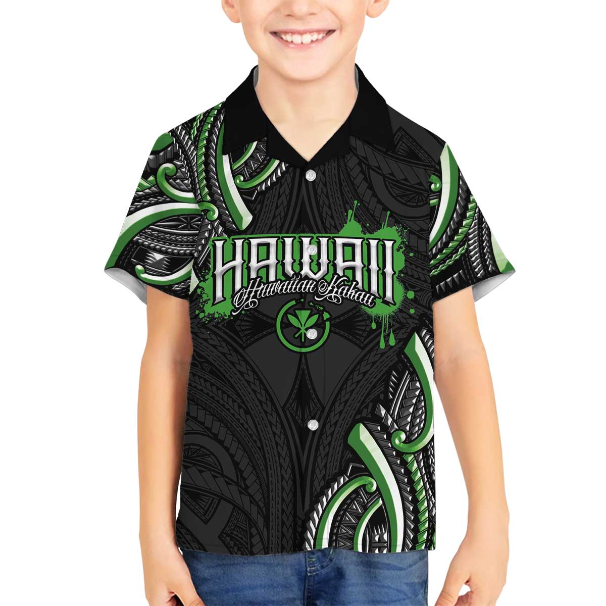 Traditional Art Hawaiian Kakau Tattoos Family Matching Off The Shoulder Long Sleeve Dress and Hawaiian Shirt Green Color LT03 Son's Shirt Green - Polynesian Pride