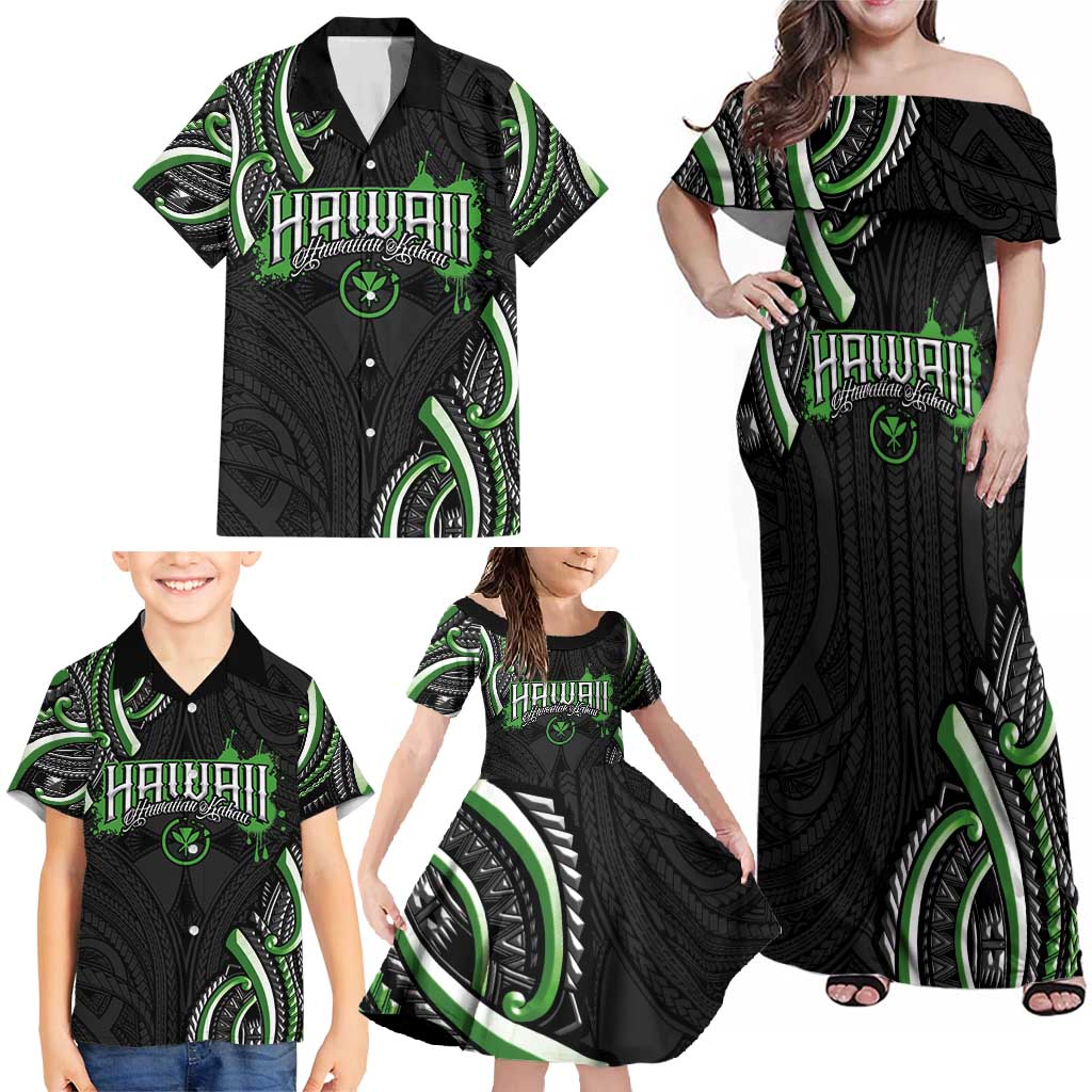 Traditional Art Hawaiian Kakau Tattoos Family Matching Off Shoulder Maxi Dress and Hawaiian Shirt Green Color LT03 - Polynesian Pride