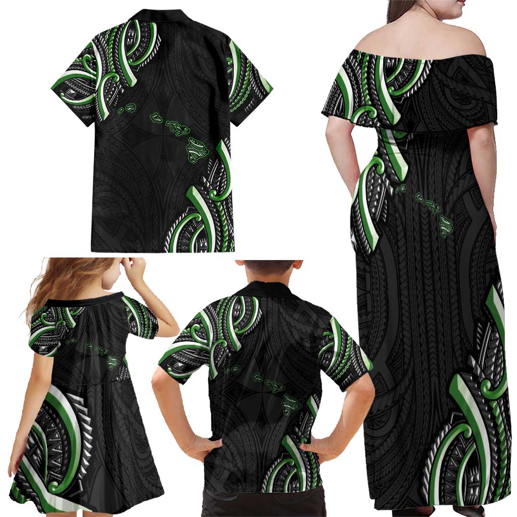 Traditional Art Hawaiian Kakau Tattoos Family Matching Off Shoulder Maxi Dress and Hawaiian Shirt Green Color LT03 - Polynesian Pride