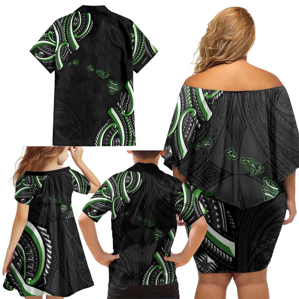 Traditional Art Hawaiian Kakau Tattoos Family Matching Off Shoulder Short Dress and Hawaiian Shirt Green Color LT03 - Polynesian Pride