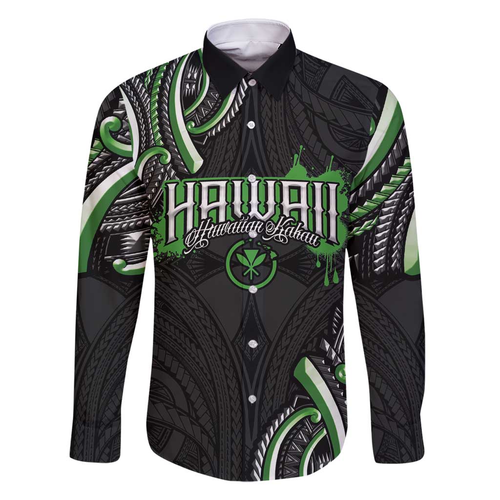 Traditional Art Hawaiian Kakau Tattoos Family Matching Off Shoulder Short Dress and Hawaiian Shirt Green Color LT03 Dad's Shirt - Long Sleeve Green - Polynesian Pride
