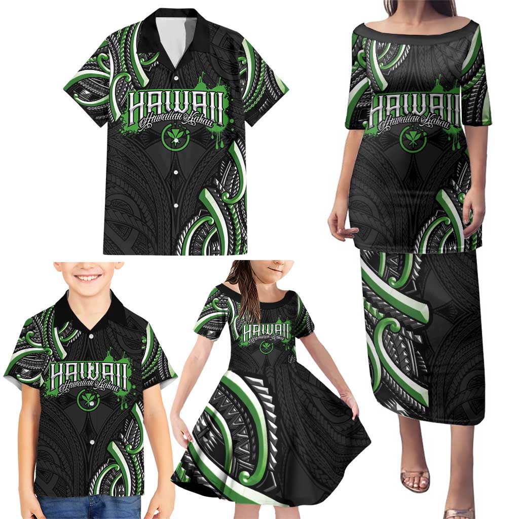 Traditional Art Hawaiian Kakau Tattoos Family Matching Puletasi and Hawaiian Shirt Green Color LT03 - Polynesian Pride