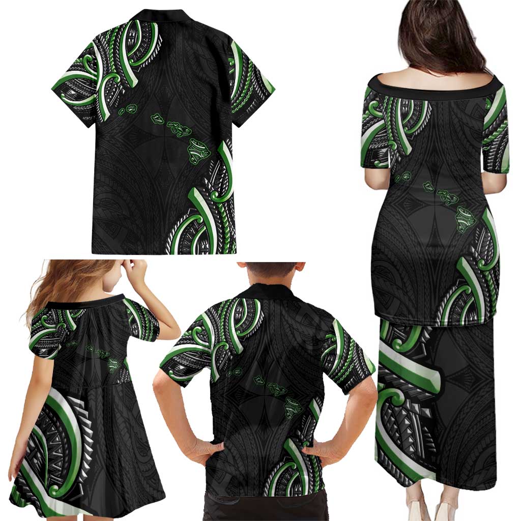 Traditional Art Hawaiian Kakau Tattoos Family Matching Puletasi and Hawaiian Shirt Green Color LT03 - Polynesian Pride