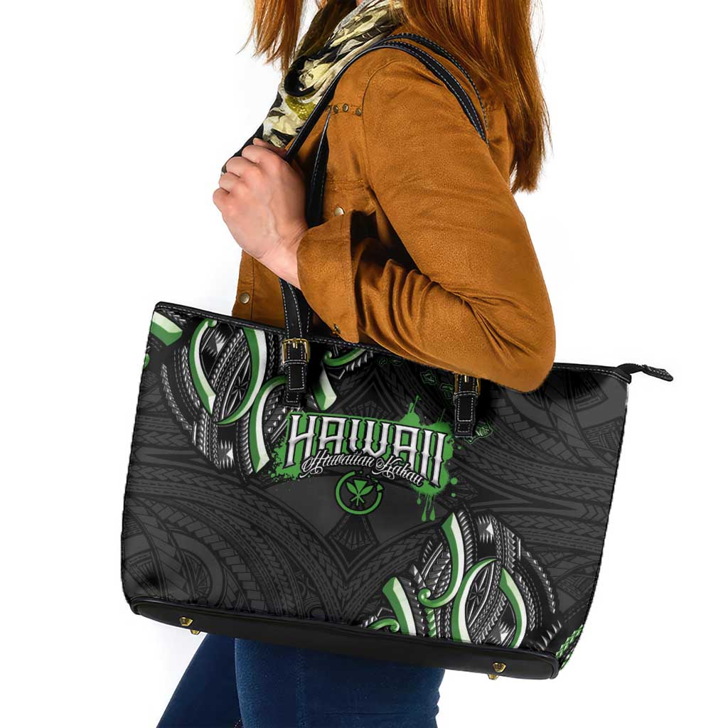 Traditional Art Hawaiian Kakau Tattoos Leather Tote Bag Green Color - Polynesian Pride