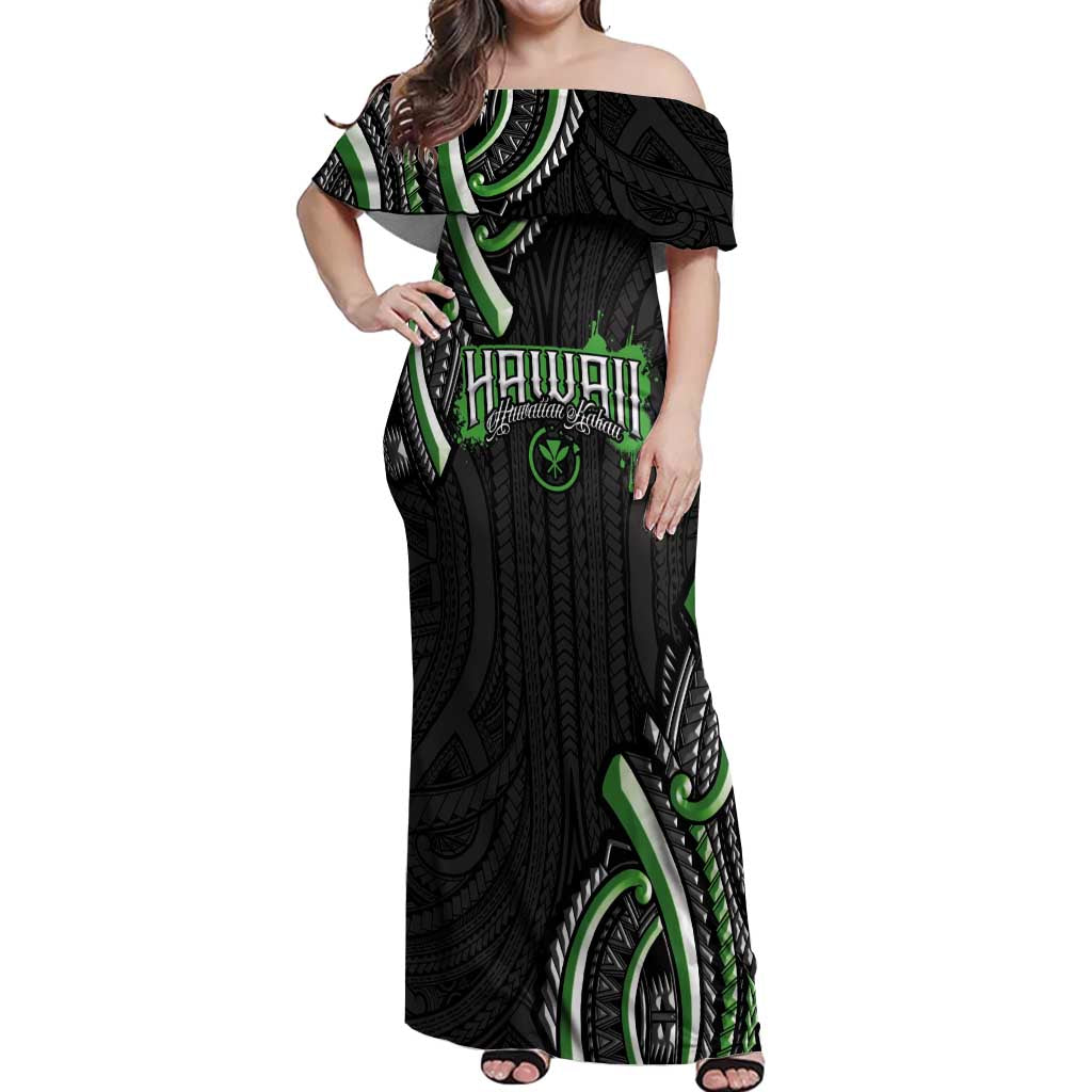Traditional Art Hawaiian Kakau Tattoos Off Shoulder Maxi Dress Green Color - Polynesian Pride