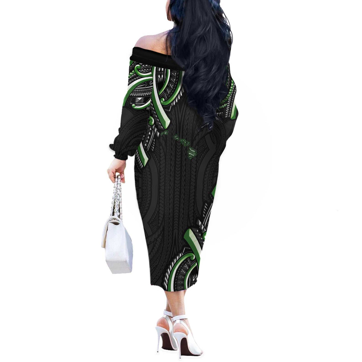 Traditional Art Hawaiian Kakau Tattoos Off The Shoulder Long Sleeve Dress Green Color - Polynesian Pride