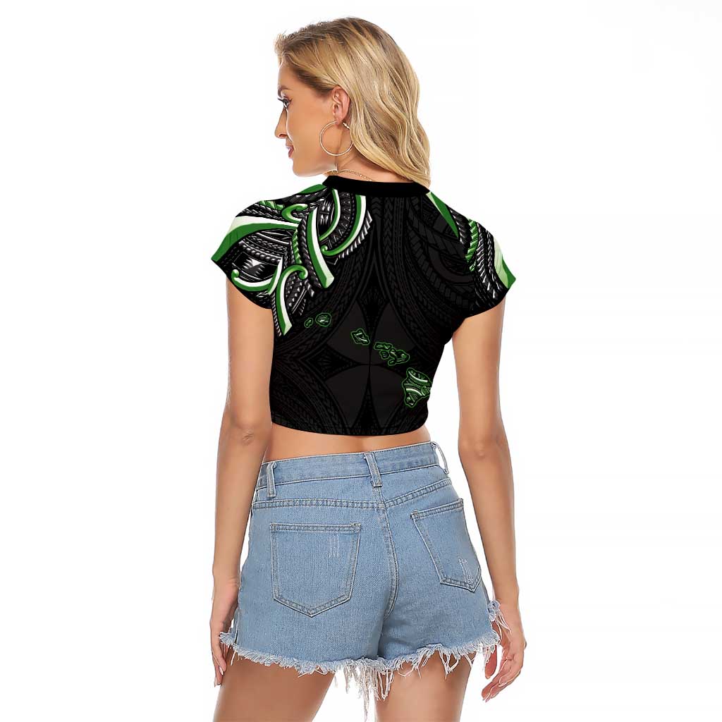 Traditional Art Hawaiian Kakau Tattoos Raglan Cropped T Shirt Green Color - Polynesian Pride