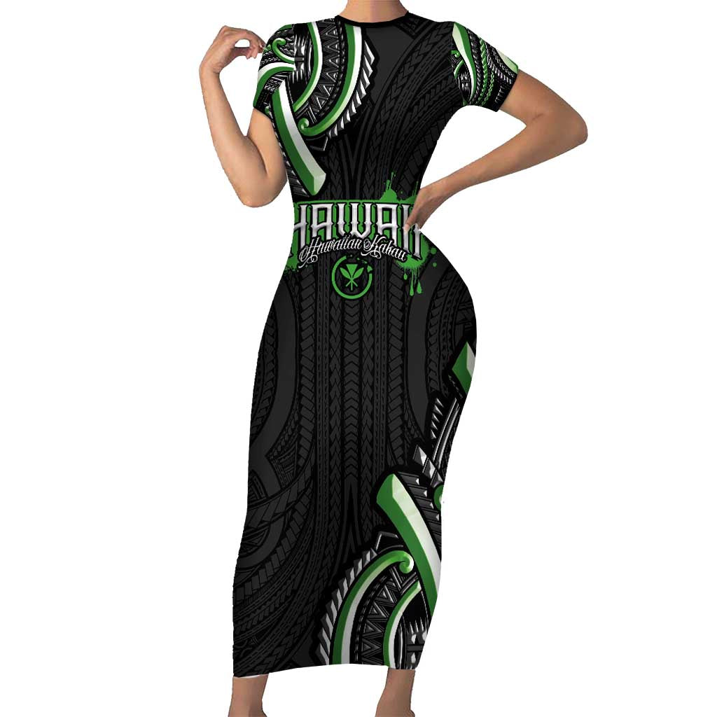 Traditional Art Hawaiian Kakau Tattoos Short Sleeve Bodycon Dress Green Color - Polynesian Pride