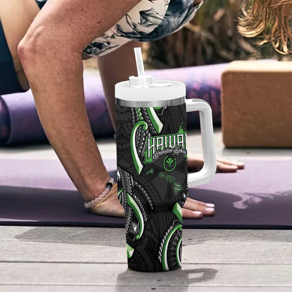 Traditional Art Hawaiian Kakau Tattoos Tumbler With Handle Green Color - Polynesian Pride