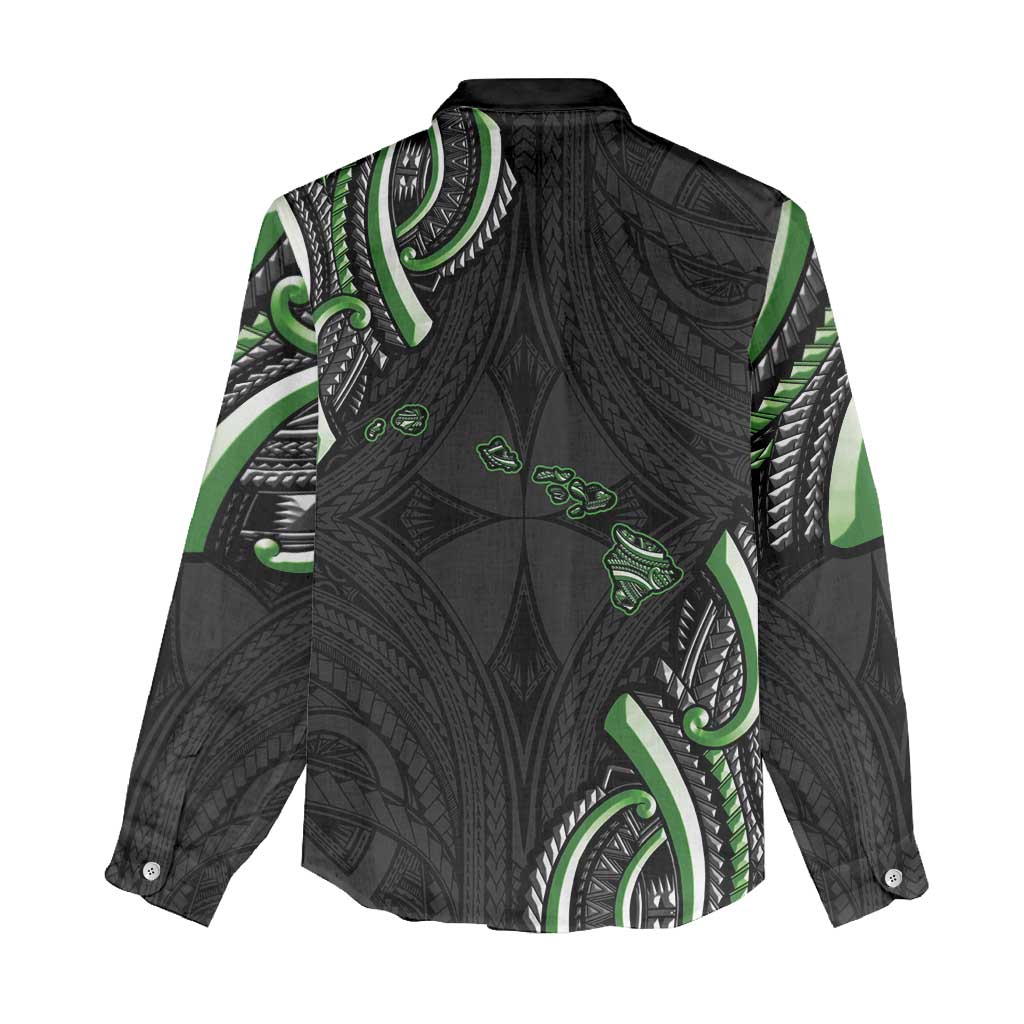 Traditional Art Hawaiian Kakau Tattoos Women Casual Shirt Green Color - Polynesian Pride