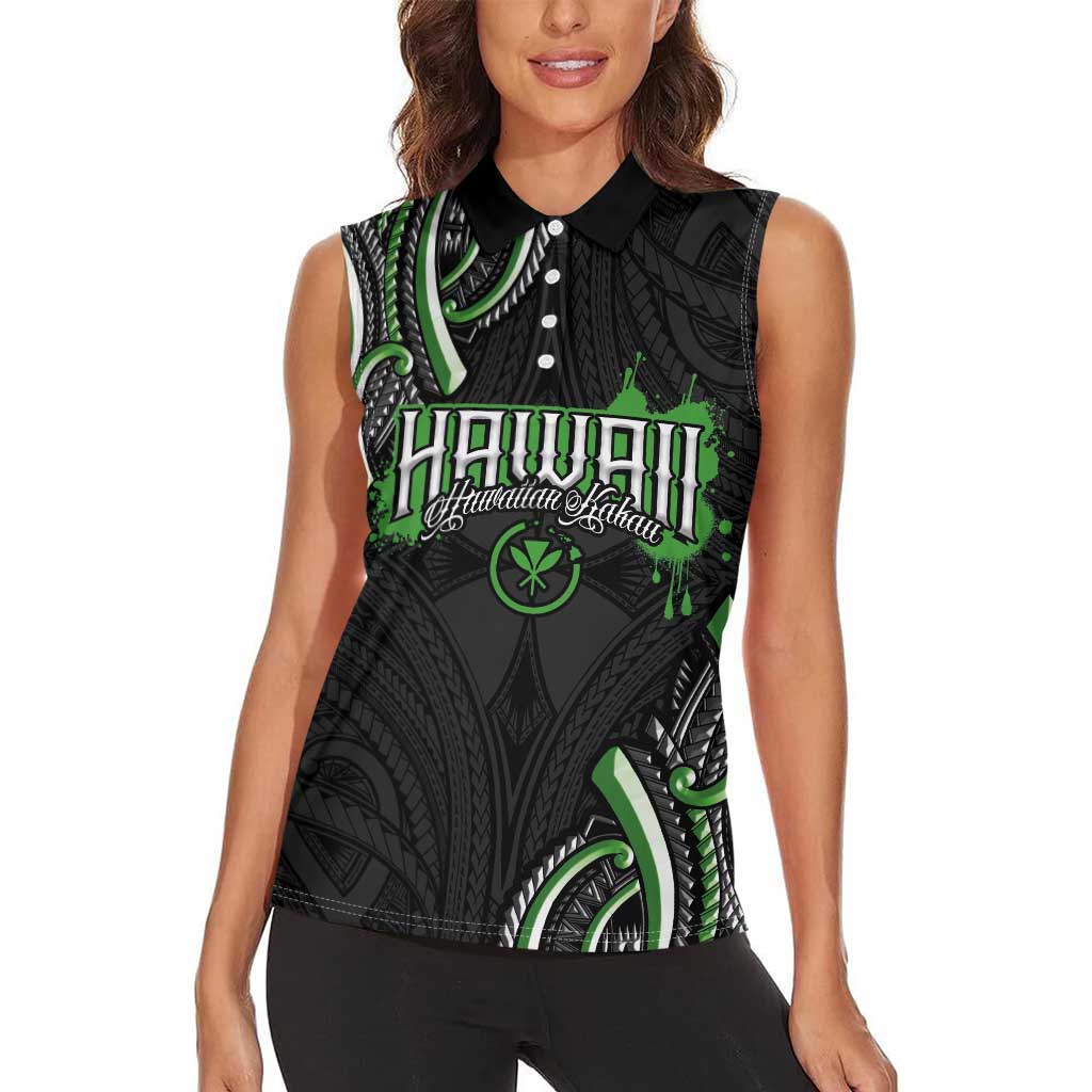Traditional Art Hawaiian Kakau Tattoos Women Sleeveless Polo Shirt Green Color - Polynesian Pride