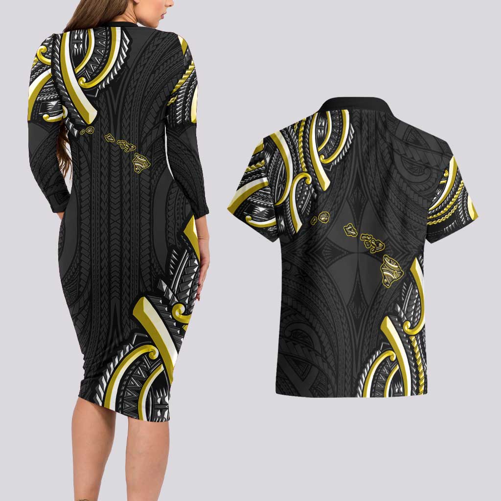 Traditional Art Hawaiian Kakau Tattoos Couples Matching Long Sleeve Bodycon Dress and Hawaiian Shirt Yellow Color LT03 - Polynesian Pride