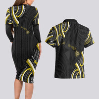 Traditional Art Hawaiian Kakau Tattoos Couples Matching Long Sleeve Bodycon Dress and Hawaiian Shirt Yellow Color LT03 - Polynesian Pride